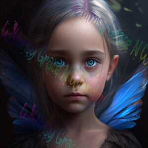 Può includere: Una bambina con occhi azzurri e capelli biondi che indossa un vestito scuro e ali di farfalla blu. La bambina ha le lentiggini e un'espressione seria.