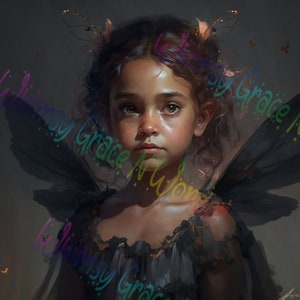 May include: A young girl with dark brown hair and brown eyes is wearing a black dress with lace detailing. She has delicate butterfly wings and is surrounded by a soft, ethereal glow. The background is a muted gray.