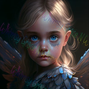 May include: A young girl with blonde hair and blue eyes is depicted with a pair of large, blue, feathery wings. The girl has a serious expression on her face and is wearing a blue and silver feathered garment.