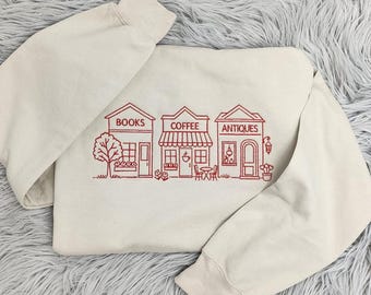 Books Coffee Antiques Crewneck, Cozy Vintage Embroidered Sweatshirt