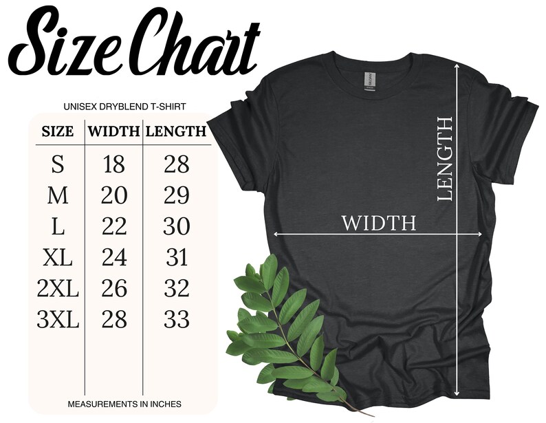 K&ouml;nnte beinhalten: Ein dunkelgraues Unisex-Dryblend-T-Shirt mit einer Gr&ouml;&szlig;entabelle. Die Tabelle zeigt die Ma&szlig;e in Zoll f&uuml;r Breite und L&auml;nge, von Gr&ouml;&szlig;e S (45,7 cm Breite, 71,1 cm L&auml;nge) bis 3XL (71,1 cm Breite, 83,8 cm L&auml;nge).