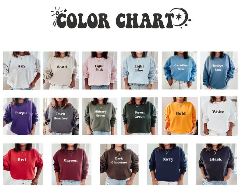 K&ouml;nnte beinhalten: Eine Farbkarte mit verschiedenen Rundhals-Sweatshirts in verschiedenen Farben. Zu den Farben geh&ouml;ren Ash, Sand, Light Pink, Light Blue, Carolina Blue, Indigo Blue, Purple, Dark Heather, Military Green, Forest Green, Gold, White, Red, Maroon, Dark Chocolate, Navy und Black.