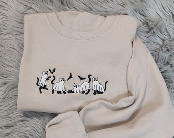 Embroidery Ghost Cats Halloween Sweatshirt, Halloween Ghost Cats Embroidered Unisex Sweatshirt or Hooded Sweatshirt