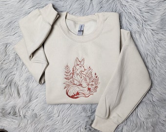 Embroidered Forest Fox Unisex Crewneck - Outdoorsy Forest Fox Sweatshirt - Fox Embroidery