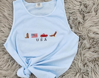 Embroidered USA Icons Tank Top, Patriotic Summer Tank, 4th of July Shirt - Comfort Colors
