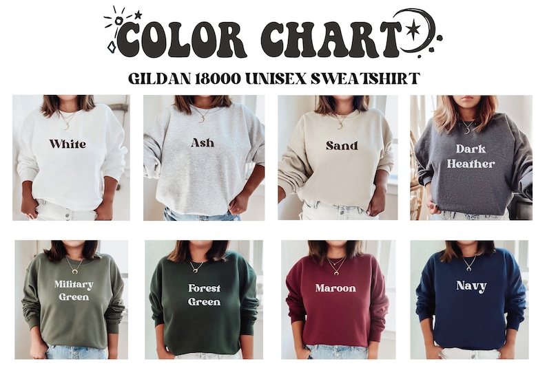 Puede incluir: Tabla de colores de sudaderas unisex Gildan 18000 en ocho colores: blanco, ceniza, arena, gris oscuro, verde militar, verde bosque, granate y azul marino. Cada sudadera se muestra en una persona.