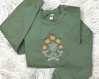 Skeleton Throwing Pumpkin Embroidered Sweatshirt or Hooded Sweatshirt