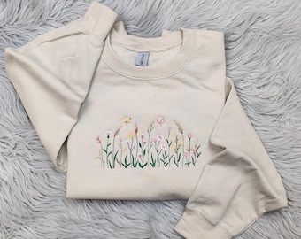 Wildflowers Floral Embroidered Crewneck - Bees Flower Butterflies - Floral Botanical Embroidery - Wild Flowers - Tee - Sweatshirt - Hoodie