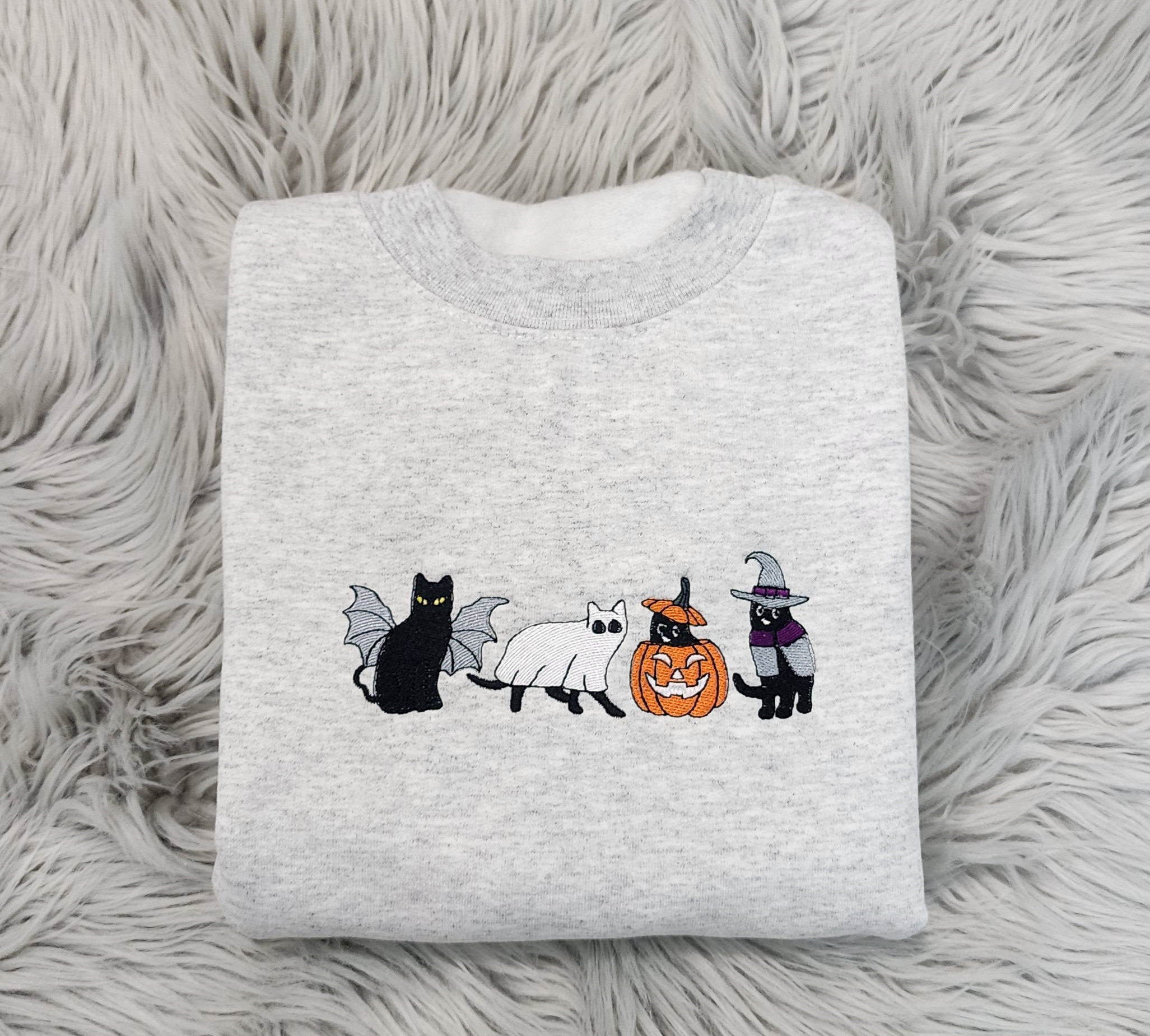 Discover Ghost Cats Halloween Embroidery Sweatshirt, Halloween Ghost Cats Embroidered Unisex Sweatshirt or Hooded Sweatshirt