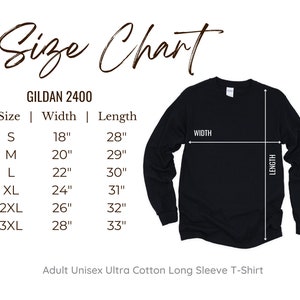 K&ouml;nnte beinhalten: Schwarzes Langarm-T-Shirt mit Gr&ouml;&szlig;entabelle. Die Tabelle zeigt Ma&szlig;e f&uuml;r die Gr&ouml;&szlig;en S bis 3XL, mit Breiten von 45.7cm bis 71.1cm und L&auml;ngen von 71.1cm bis 83.8cm. Das Shirt ist als Adult Unisex Ultra Cotton Long Sleeve T-Shirt gekennzeichnet.