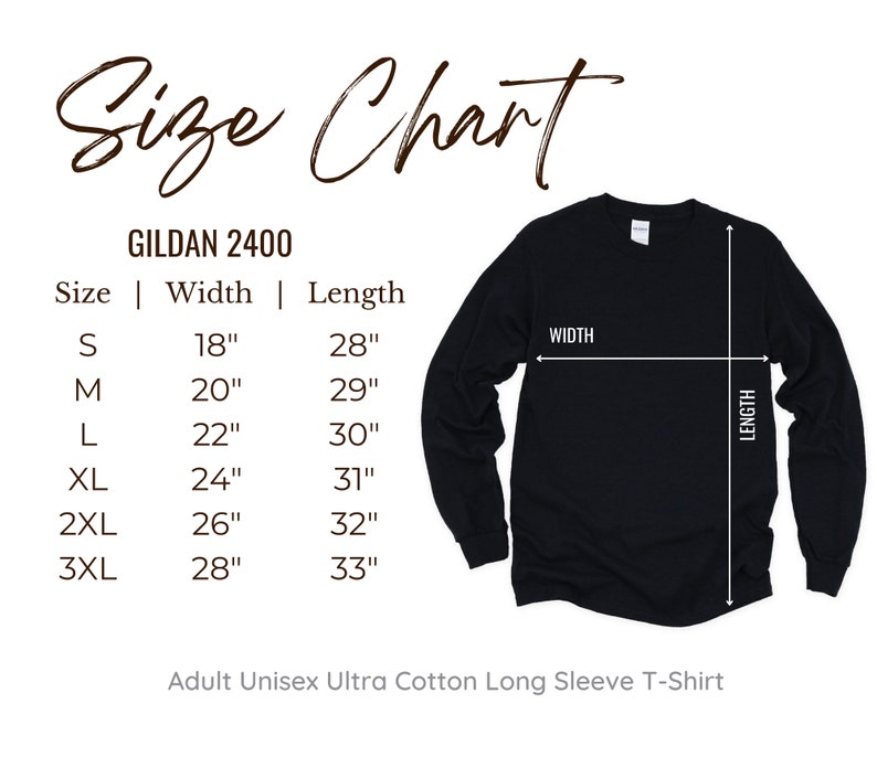K&ouml;nnte beinhalten: Schwarzes Langarm-T-Shirt mit Gr&ouml;&szlig;entabelle. Die Tabelle zeigt Ma&szlig;e f&uuml;r die Gr&ouml;&szlig;en S bis 3XL, mit Breiten von 45.7cm bis 71.1cm und L&auml;ngen von 71.1cm bis 83.8cm. Das Shirt ist als Adult Unisex Ultra Cotton Long Sleeve T-Shirt gekennzeichnet.