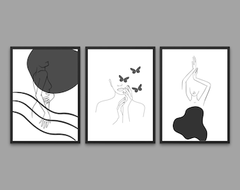 Set of 3 Wall Art, Woman line art, Woman line drawing, Female body art, Female line art, Digital Art, Female Poster, Minimalist wall Art