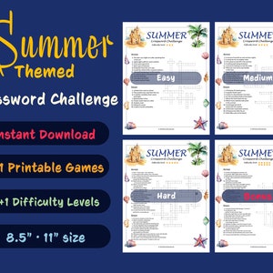 Summer Crossword Puzzle Pack: 4 Printable Games - Easy, Medium, Hard, Super Hard
