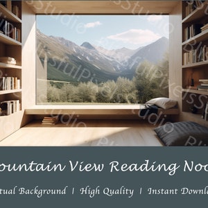 Virtuell bakgrund för läshörna - bergsutsikt, bokhylla, fönster