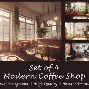 May include: Set of four virtual backgrounds featuring a modern coffee shop interior with large windows, wooden tables and chairs, and plants. The backgrounds are perfect for Zoom meetings, online classes, or virtual events.