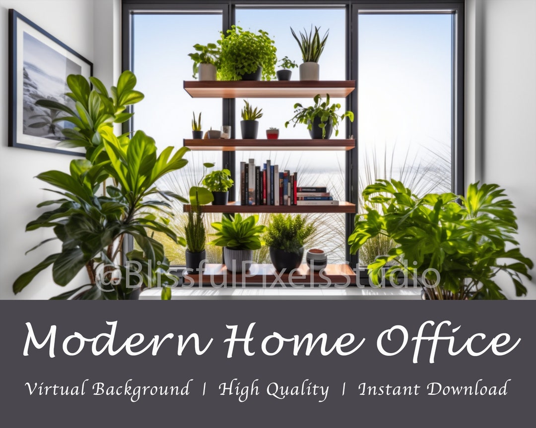 Modern Home Office Virtual Background With Windows, Bookshelf, Plants