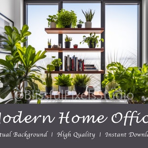 May include: A modern home office virtual background featuring a wooden shelf with plants, books, and a window view. The shelf is against a white wall and the window is behind it. The image is a digital download.