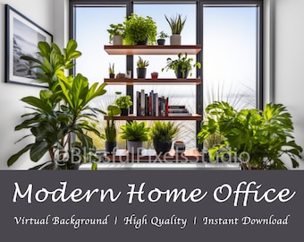 Modern Home Office Virtual Background with windows, bookshelf, plants
