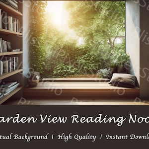 Reading Nook Virtual Background - Garden View, Bookshelf, Window, Trees ...