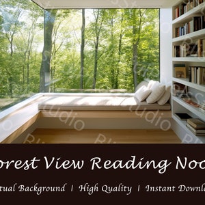 May include: A white built-in bookshelf with a variety of books on the shelves. A window seat with a white cushion is in front of a large window with a view of a green forest. The text "Forest View Reading Nook" is at the bottom of the image.