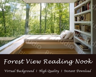 Reading Nook Virtual Background - Peaceful Forest, Bookshelf, Window, Natural Light