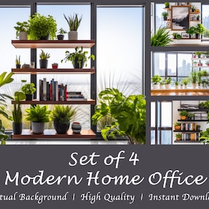 May include: Set of four modern home office virtual backgrounds featuring a bookshelf with plants and books. The backgrounds are high quality and can be instantly downloaded.