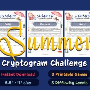 Summer Cryptogram Puzzle Pack - 3 Printable Games: Easy, Medium, Hard