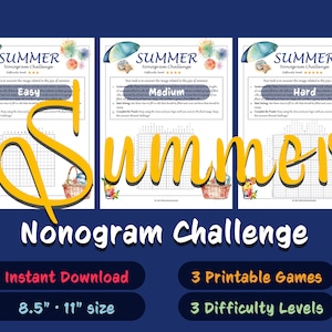 Sommar Nonogram Pusselpaket - 3 Utskrivbara Logikspel | Picross | Griddler | Hanjie