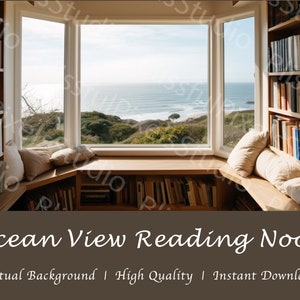 May include: A cozy reading nook with a window overlooking the ocean. The nook has built-in bookshelves filled with books and a cushioned window seat. The text "Ocean View Reading Nook" is displayed below the image.