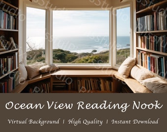 Reading Nook Virtual Background - Ocean View, Beach, Bookshelf, Bay Window