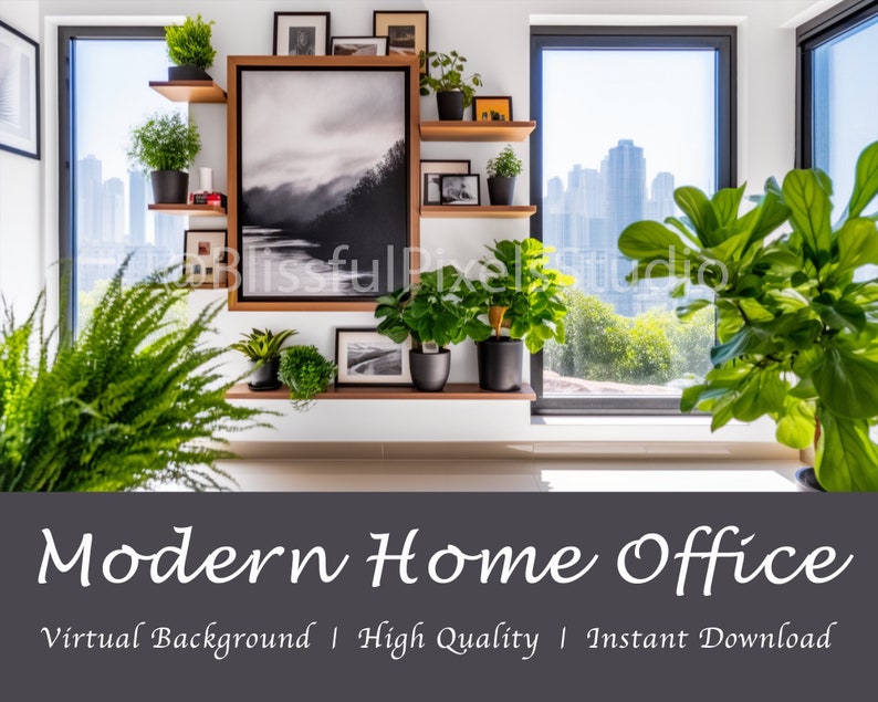 Modern Home Office Virtual Background With Windows, Bookshelf, Wallart