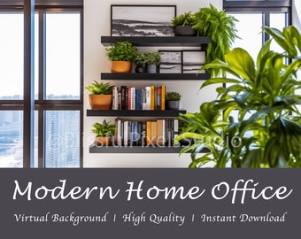Modern Home Office Virtual Background with windows, bookshelf, plants