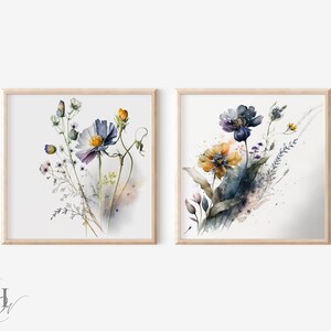 Botanical watercolor wall print, SET OF 2, Minimalistic floral wall art