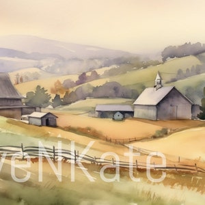 Rolling-hills Watercolor Countryside - Digital Download