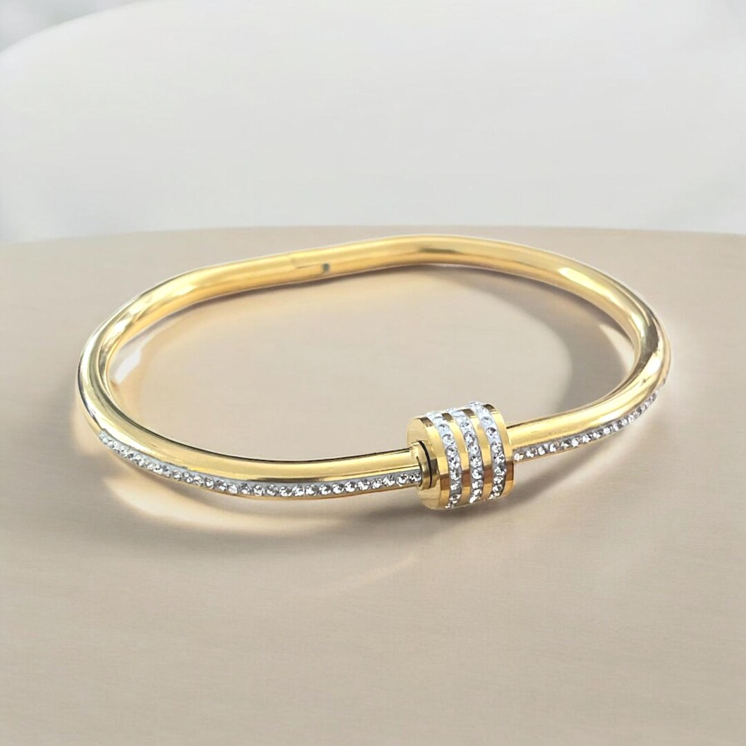 Gold Crystal Bangle Bracelet | Minimalist Adjustable Cuff - Etsy