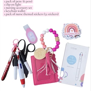 May include: A nurse bundle with a pink theme, including pens, a clip-on light, a nursing accessory set, a keychain wallet, and stickers. The image includes a box of four-color pens and a sticker with a rainbow design.