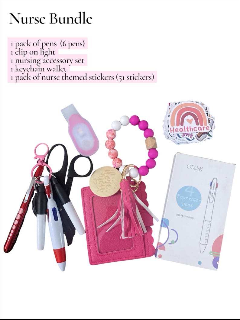 May include: A nurse bundle with a pink theme, including pens, a clip-on light, a nursing accessory set, a keychain wallet, and stickers. The image includes a box of four-color pens and a sticker with a rainbow design.