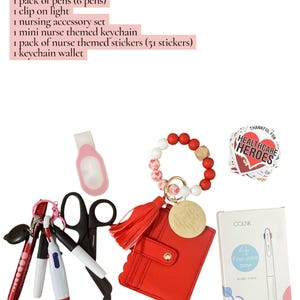 May include: A nurse bundle featuring a red keychain wallet, pens, a clip-on light, a nursing accessory set, a mini nurse-themed keychain, and stickers. The bundle includes a bracelet with red and white beads and a wooden charm.