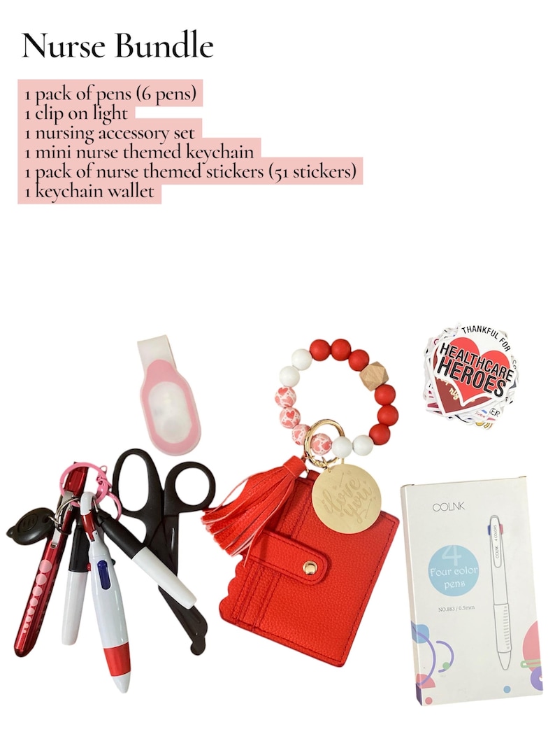 May include: A nurse bundle featuring a red keychain wallet, pens, a clip-on light, a nursing accessory set, a mini nurse-themed keychain, and stickers. The bundle includes a bracelet with red and white beads and a wooden charm.