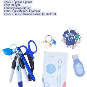 May include: A nurse bundle featuring pens, a clip-on light, a nursing accessory set, a keychain, and stickers. The pens are white and blue. The stickers have the text "Scrub Life". The bundle includes a pair of blue scissors.