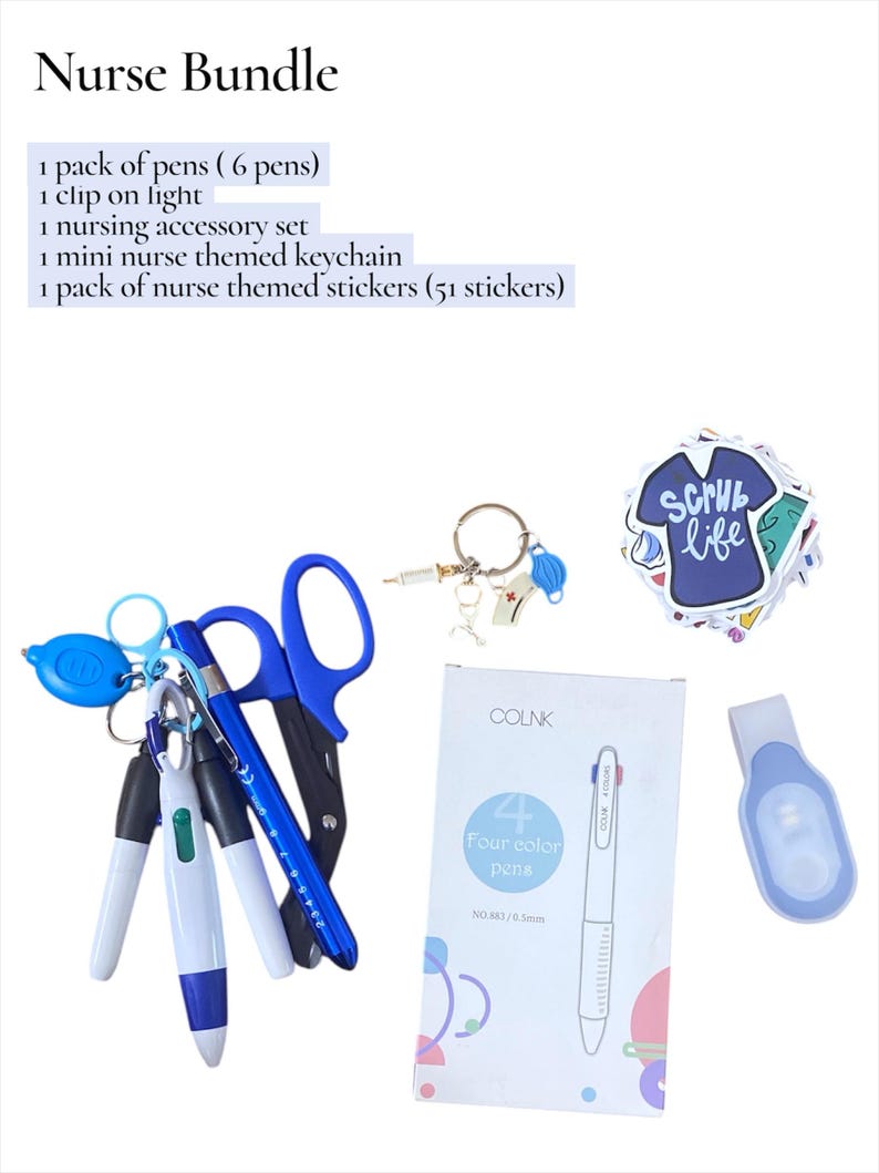 May include: A nurse bundle featuring pens, a clip-on light, a nursing accessory set, a keychain, and stickers. The pens are white and blue. The stickers have the text "Scrub Life". The bundle includes a pair of blue scissors.