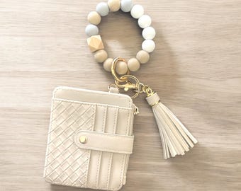 Beaded Wristlet Keychain Wallet | Card Holder Keychain with Tassel | Minimalist Wallet | Cute Gift for Women | Neutral Aesthetic
