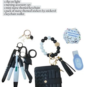 May include: A Nurse Bundle includes a clip-on light, nursing accessory set, mini nurse themed keychain, a pack of 51 nurse themed stickers, and a keychain wallet. The items are in a variety of colors, including black, white, and gold.