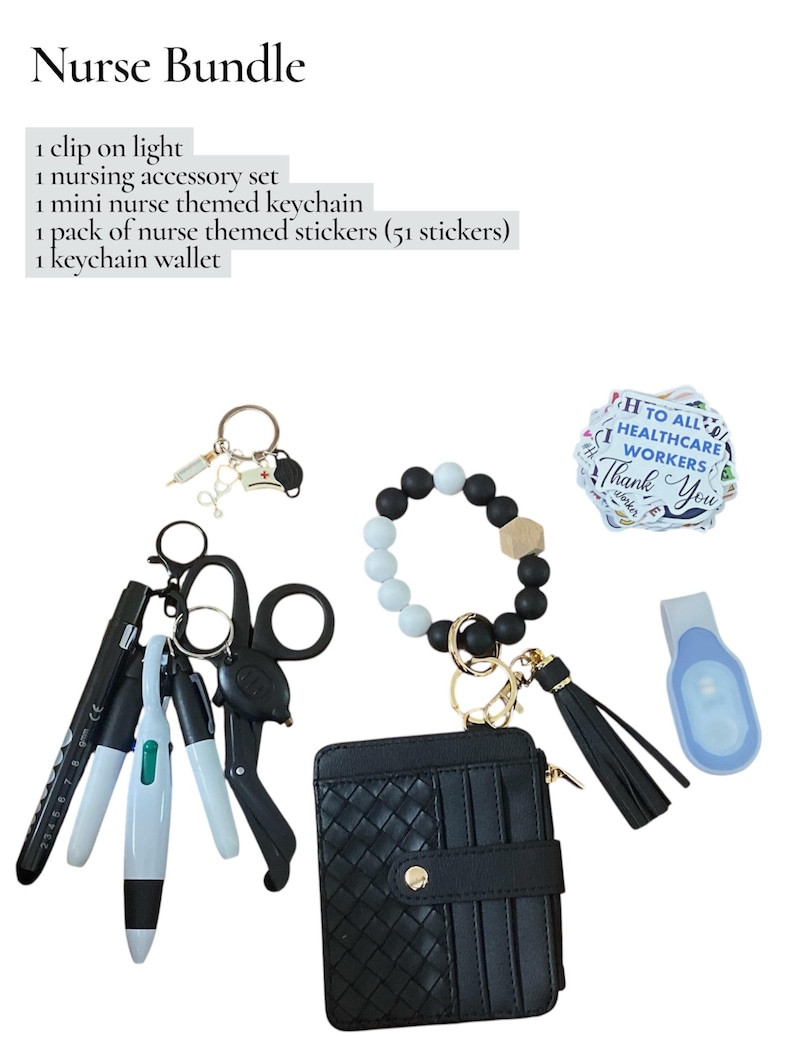 May include: A Nurse Bundle includes a clip-on light, nursing accessory set, mini nurse themed keychain, a pack of 51 nurse themed stickers, and a keychain wallet. The items are in a variety of colors, including black, white, and gold.