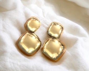 Gold Textured Double Hoop Earrings: Retro Statement Dangles