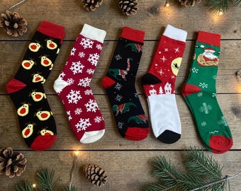 Women's Festive Christmas Crew Socks, Cozy Winter Holiday Patterns