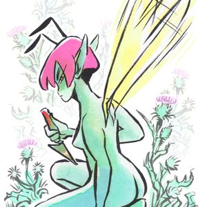 May include: Illustration of a teal-skinned fairy with pink hair and yellow wings, holding a red knife. The fairy is kneeling amidst stylized thistle flowers, with a white background. The artwork has a watercolor style.