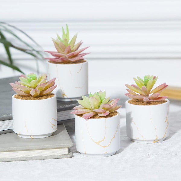 Mini Succulents Plants Artificial, Fake Succulents in Black Ceramic Pots for Desk Livingroom Bathroom and Home Decoration Office Decor