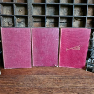 Puede incluir: Tres libros de tapa dura rojos con letras doradas en los lomos. El libro de la derecha tiene el t&iacute;tulo "Scarlatina" escrito en el lomo.