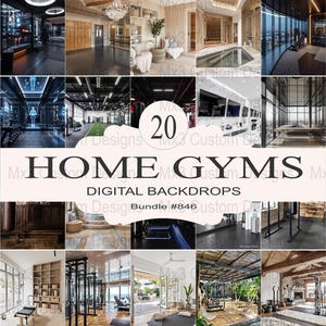 Puede incluir: Un collage de 20 fondos digitales que presentan diferentes escenarios de gimnasio en casa. Los fondos presentan una variedad de estilos, desde moderno hasta rústico, e incluyen diferentes equipos, como cintas de correr, estantes de pesas y colchonetas de yoga. El texto "HOME GYMS" y "DIGITAL BACKDROPS" se muestra en el centro del collage.
